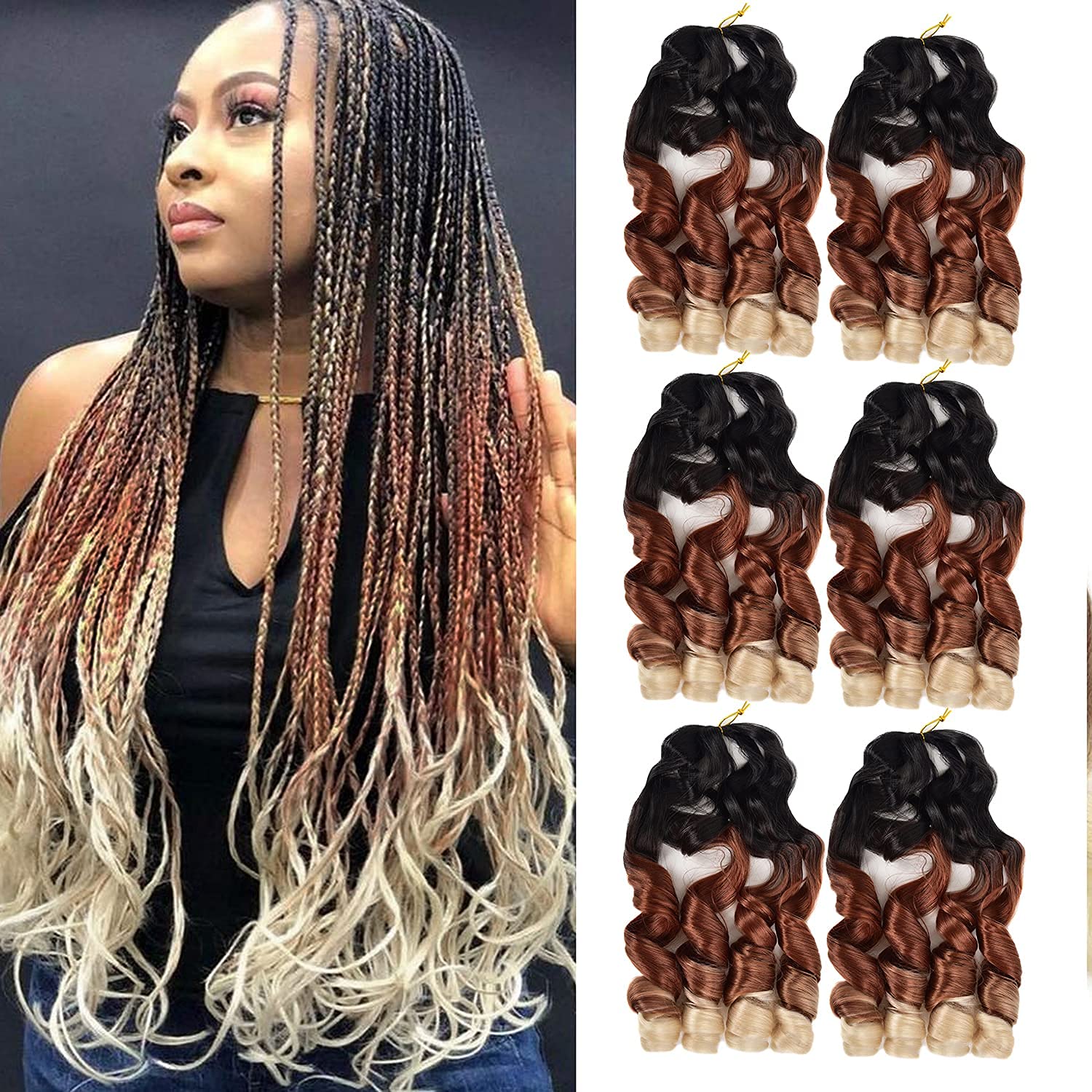 

22 Inch Loose Wave Crochet Hair Spiral Curl Braid Synthetic Hair Ombre Pre Stretched Crochet Braiding For Women Extensions French Curl braiding hair, B29