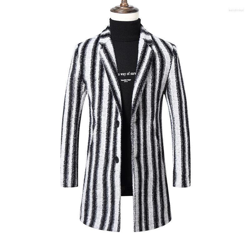 

Men's Wool & Blends Winter Men Stripe Long Woolen Coat Fur Collar Warm Male Solid Slim Casual Windbreaker Jacket Autumn Fashion Top Outwear, Green