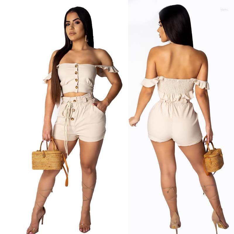 

The Trend Of Summer Fashion Women' Solid Color One Word Collar Pants Suit ShortTtwo-piece Tracksuits, Khaki