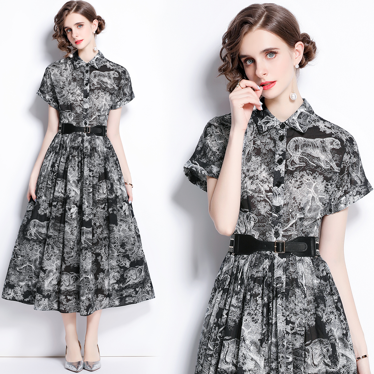

2022 Summer Printed Button Shirt Dress Short Sleeve Women Designer Elastic Waist Lapel Runway Black Midi Dresses Casual Women Clothes Party Slim A-Line Classic Frock