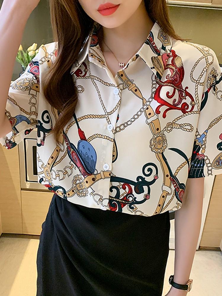 

Women' Blouses & Shirts Women Short Sleeve Chiffon Arrival 2022 Summer Korean Style Vintage Print All-match Ladies Elegant Casual Tops W109, Photo color