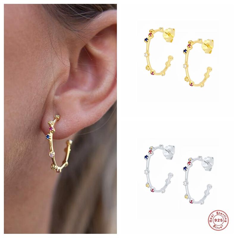 

Hoop & Huggie Aide 925 Sterling Silver Big Circle Earrings For Women Colorful Rainbow Zircon CZ Opening Loop Earring Luxury Fine JewelryHoop