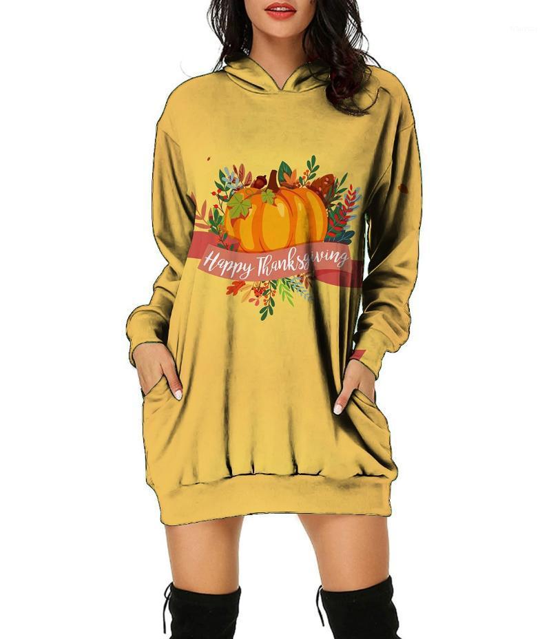 

Casual Dresses Women' Long Sleeves Thanksgiving Digital Print Pocket Knee Length Hooded Sweatshirt Fashionable, Beige