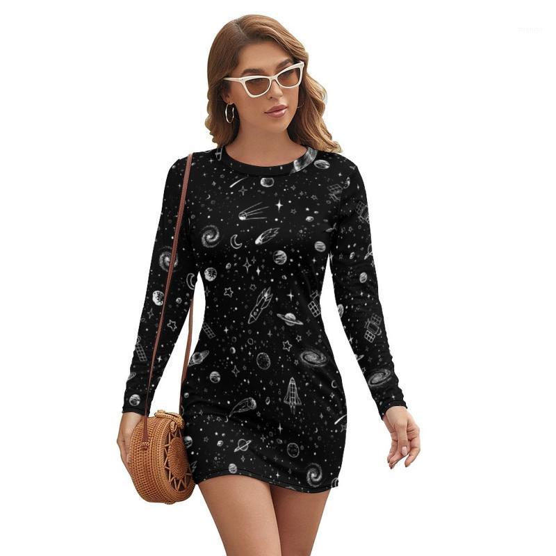

Casual Dresses Dress Long Sleeve Printed Disco Bodycon Youth Polyester Short One-Piece, White-style1-7
