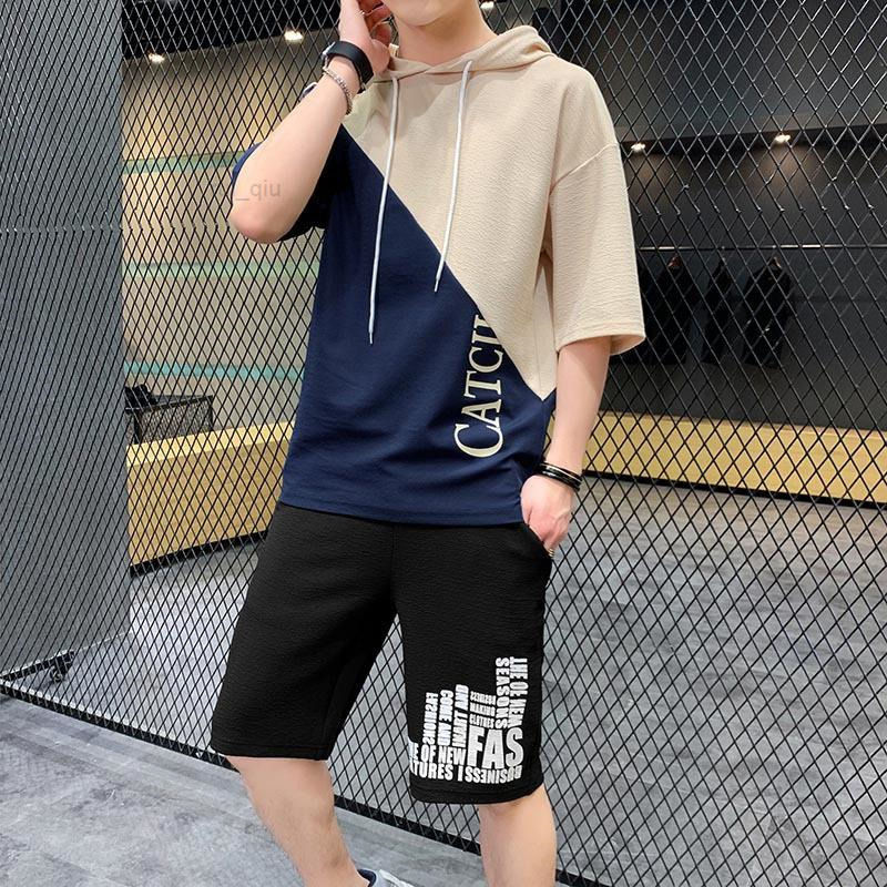 

Tracksuits Short-sleeved Men's Hooded T-shirt Trendy Young Students Fashion Personality Shorts Suit Casual Loose 2-piece Set, Light blue