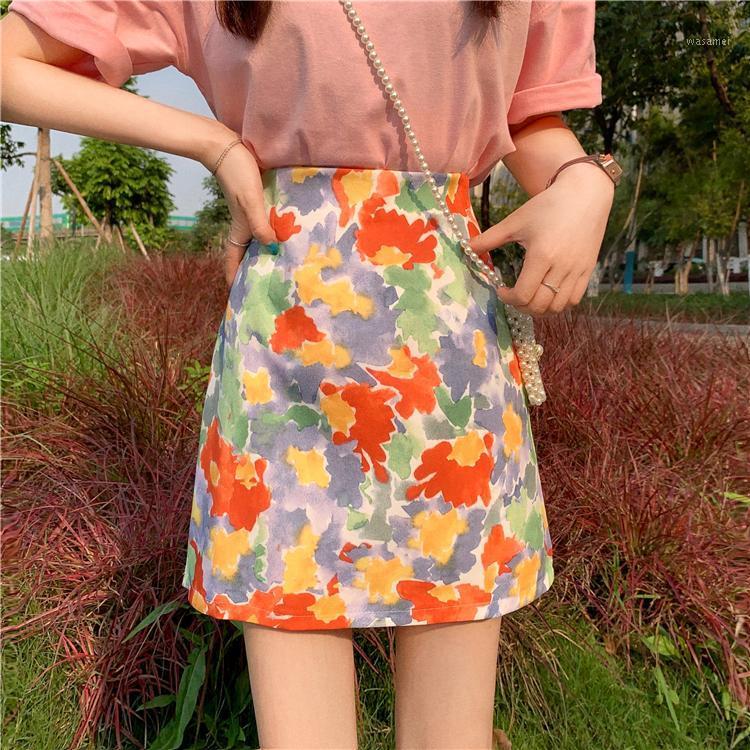 

Skirts Summer Korean Of The High-waist Ink-dyeing Bag Hip Temperament A-line Skirt Female