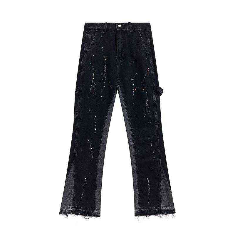 

Fashion Los Angeles Elastic Jeans Straight Tube Artificial Ink Splashing Pants Men Lovers52DN, Black