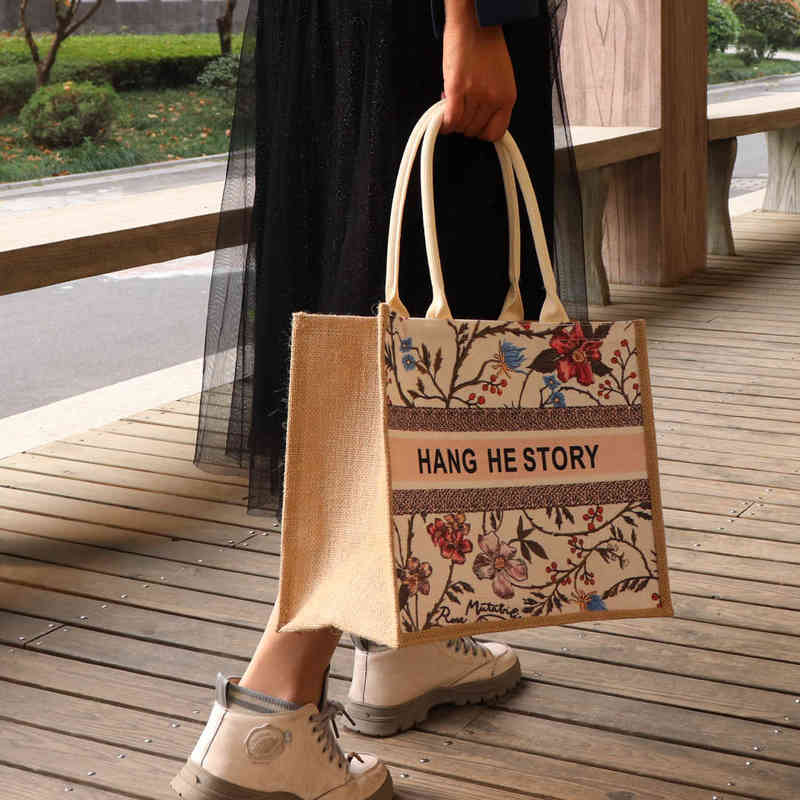 

Factory Online Export Designer Tide Brand Ladies Bag Muji Jute Hand-painted Diy Canvas Imitation Composite, Sky blue