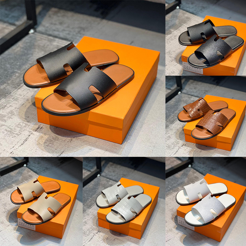 

Men Slippers Designer Leather Sandals Izmir Flip Flop Heritage Calfskin Sandals Summer Lazy Large Beach Casual Slides