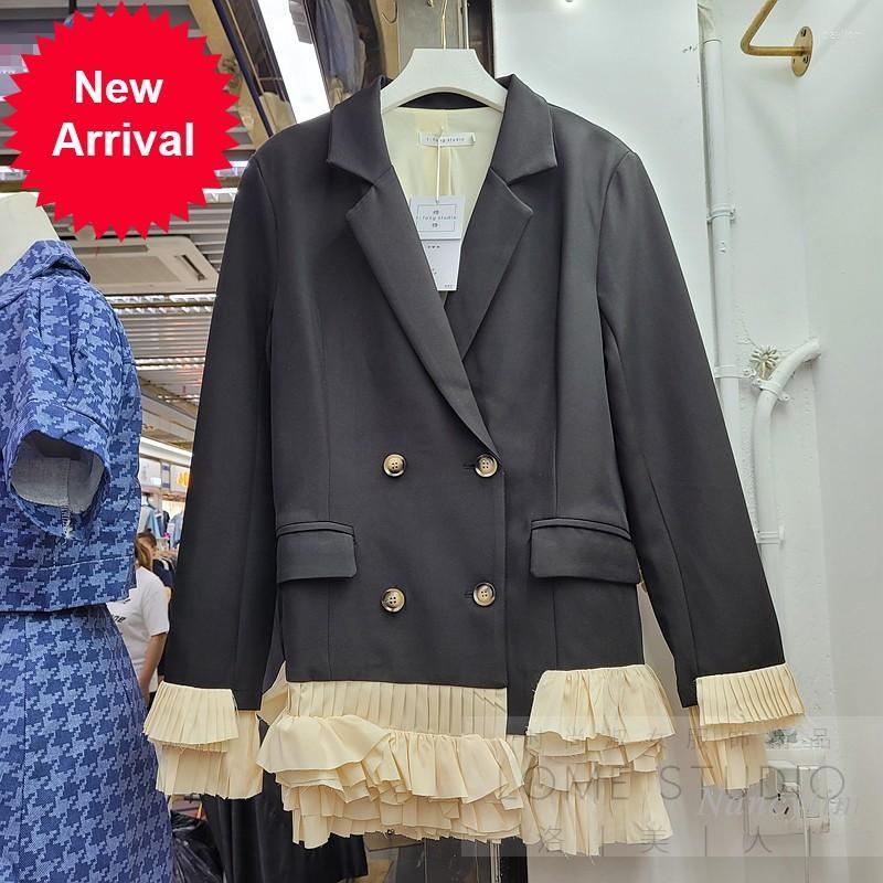 

Women' Suits & Blazers European Style Loose Blazer Women 2022 Autumn Hem Mesh Lace Stitching Irregular Dark Stripes Business Suit Coat Jack, Black