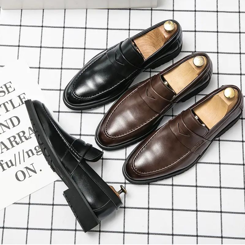 

2021 New Loafers Men Shoes PU Leather Solid Color Round Toe Flat Casual Fashion Simple British Business Dress Shoes KA006, Black