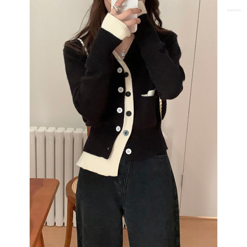 

Women' Knits & Tees Knitted Women' V-neck Sweater Cardigan Autumn Loose Single Breasted Patchwork Sweaters Lady Basic Casual Tops S20W, Black