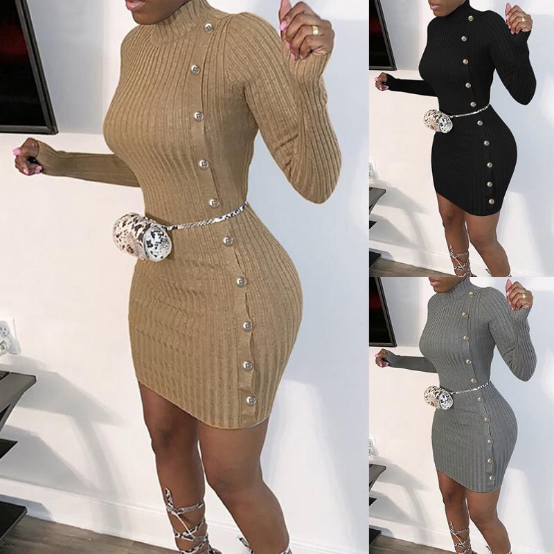 

Casual Dresses Stand Collar Ladies Bodycon Mini Dress Knitted Women Shirt Long Sleeve Autumn Winter Sexy Club Stretch Shift D30, Black;gray
