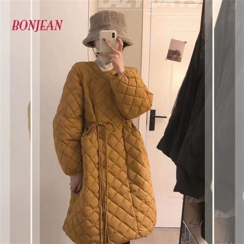 

Winter Thick Winter Parka Jacket Korean Diamond Cotton Padded Jacket Female Harajuku Padded Dress 220812, Yellow