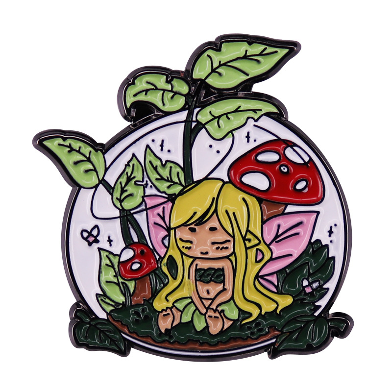 

Cute Butterfly Fairy Forest Elf In The Dew Enamel Pin Magic Nature Spring Spirit Leaf Mushroom Girl Earth elves Badge Brooch, As picture