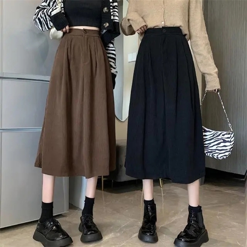 

Rimocy Korean Corduroy Women's Midi Skirt Spring Autumn Solid Color High-waisted Woman A Line Long s Ladies 220401, Coffee
