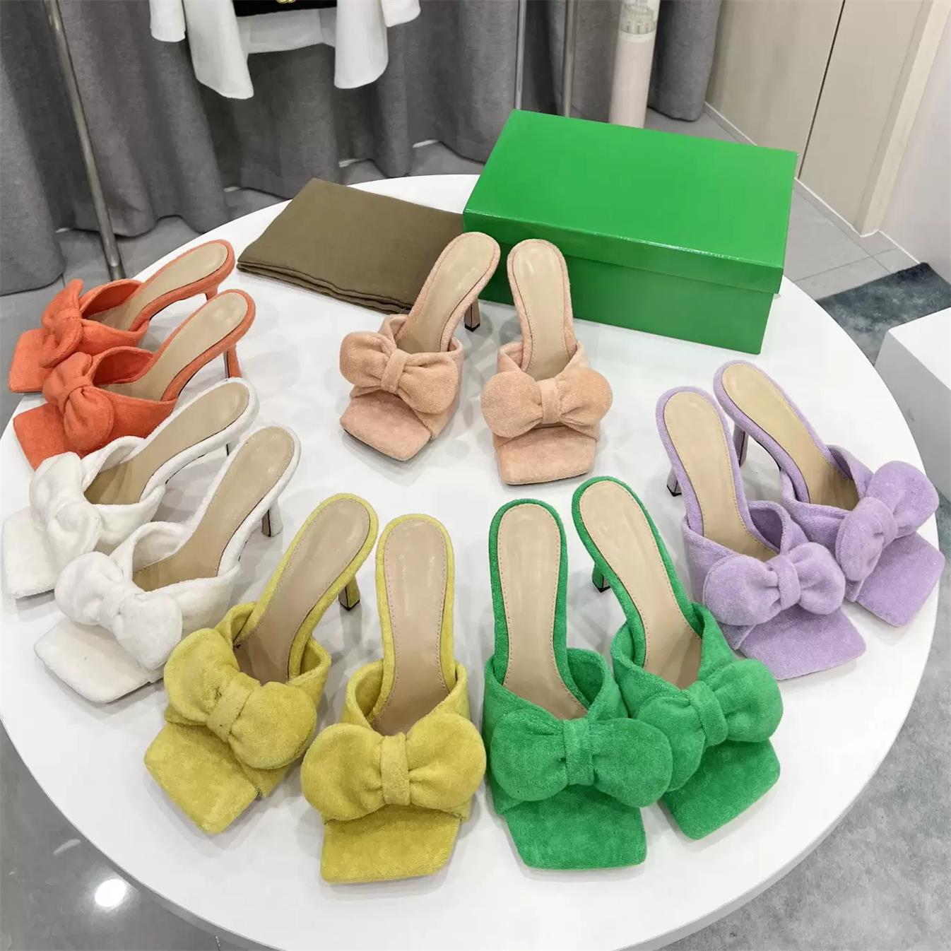 

2022 Women Lido Slippers Designer Sandals Square High Heels Mules Suede Bowknot Sandal Ladies Wedding Dress Shoes Size 35-42 With Box