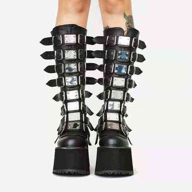 

Winter 2022 Designer Boots New Fashion Thick Bottom And High Heels Women Boot Metal Buckles Woman Shoes Y220816, Black