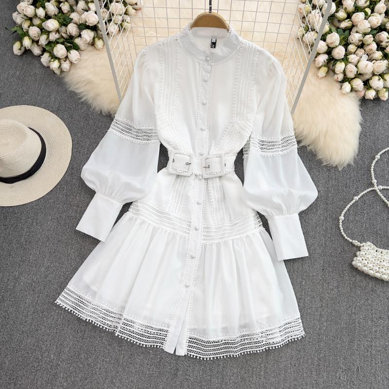 

Women's Blouses & Shirts Clothland Women Elegant White Shirt Dress Bow Tie Belt Lantern Sleeve Lace Patchwork Summer Chic Blouse Long Tops L