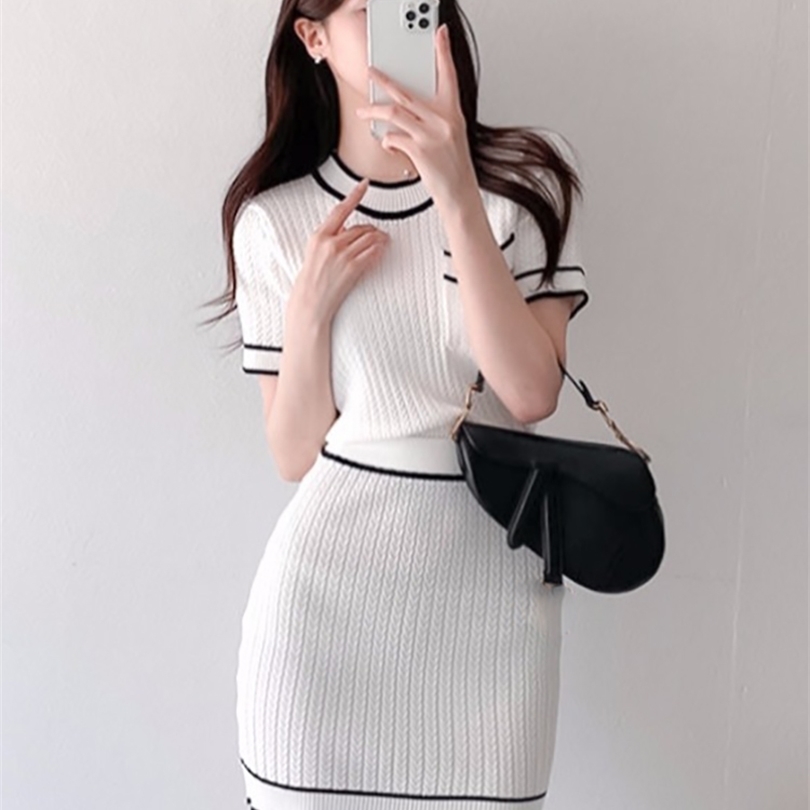 

Summer Women's Suit with Skirt Dress Set Elegant Sweet Solid O-Neck Short Sleeve Knitted Shirt Sweater Skirt 2 Piece Set 220510, White