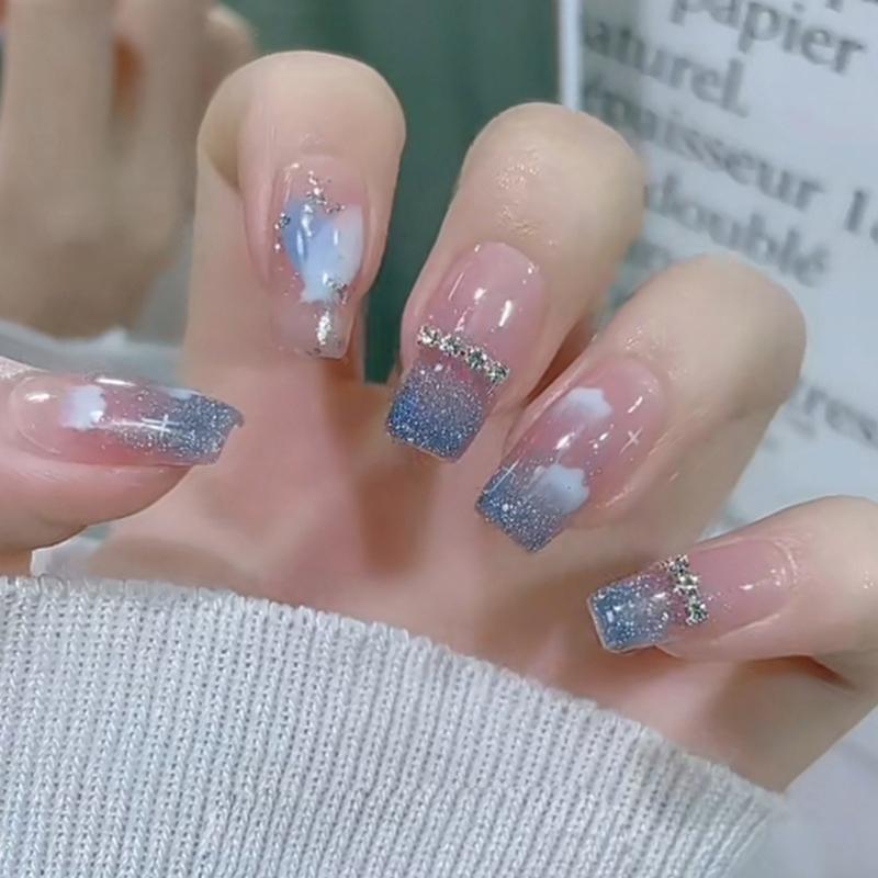 

False Nails 24pcs/set Blue Starry Fake With Designs Diamond Mid-length Square Press On Gradient Sweet Style Nail Art, As show