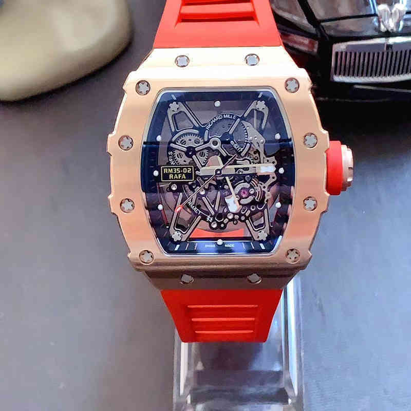 

uxury watch Date Luxury Mens Mechanics Watch Richa Wristwatch Wine Barrel Milles Rm35-02 Series 2824 Automatic Mechanical Rose Gold Case Tape, Black