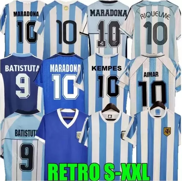 

Retro 1986 Argentina Soccer jersey Maradona CANIGGIA 1978 1996 Football Shirt Batistuta 1998 RIQUELME 2006 1994 ORTEGA CRESPO 2014, 1994 away
