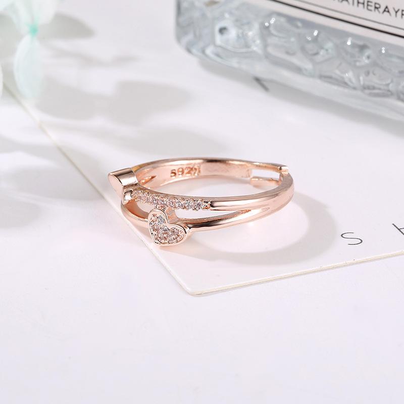

Cluster Rings Rose Gold And Ring Women's Heart-shaped Inlaid Gift Heart-to-heart Opening Adjustable RingCluster