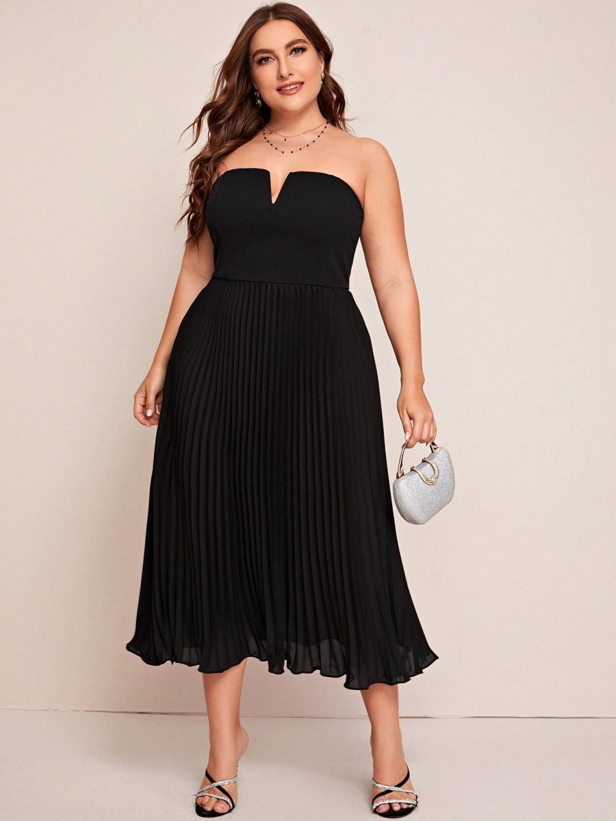 

plus Notch Neck Pleated Tube Dress 73KM#, Black