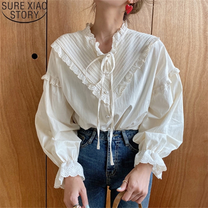 

Women Hollow Out Vintage Casual Elegant Tops Women Shirts Solid Long Sleeve Korean Style Bow Loose Blouses Blusas 9580 220407, White