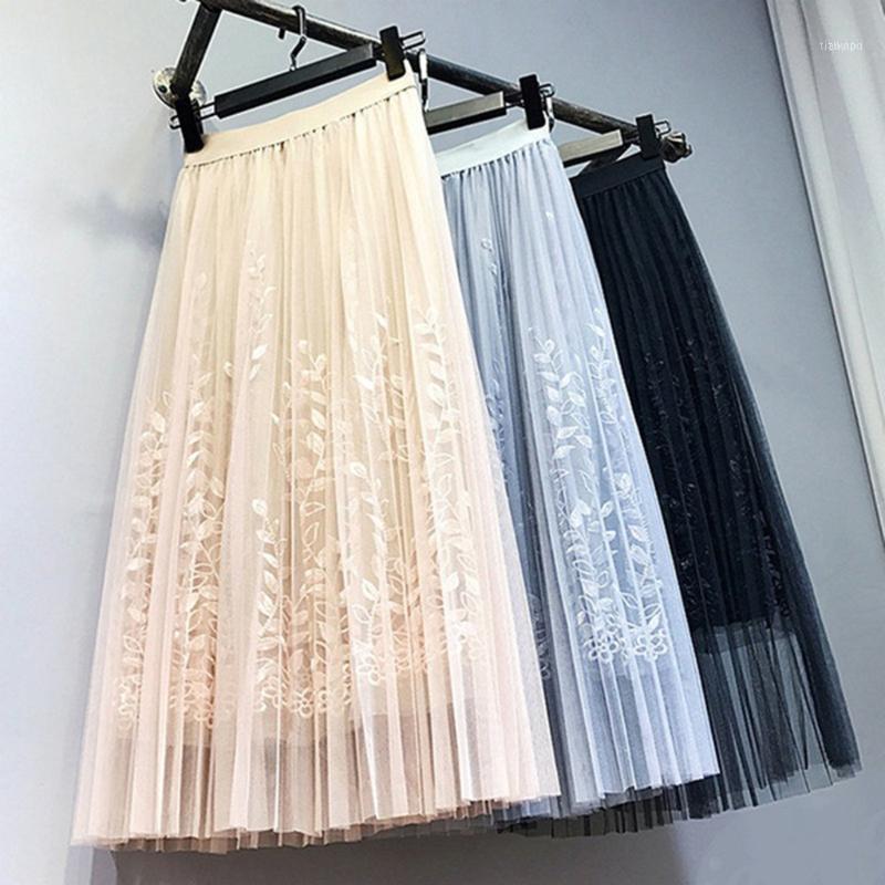 

Skirts 2022 Spring Autumn Fashion Women's High Waist Pleated Solid Color  Skirt Three-dimensional Embroidery Leaf Mesh Vestidos1, Beige