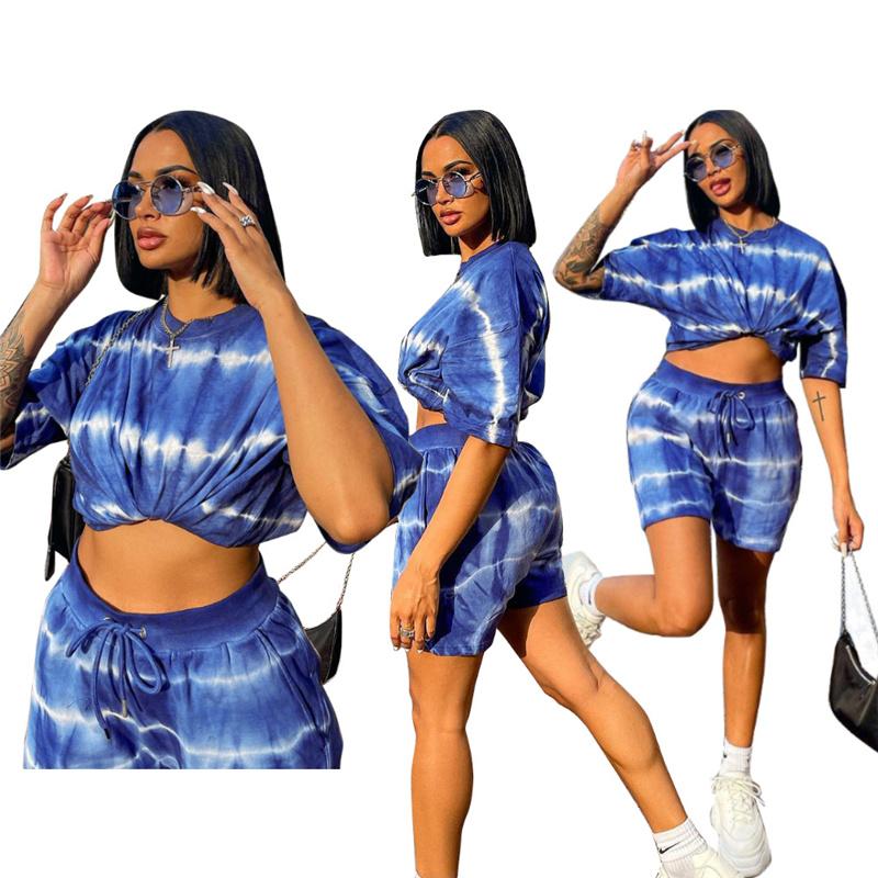 

Women' Tracksuits Blue O Neck Short Sleeve Crop Top And 2 Pieces Set Sexy Tight Club Party Lady Fashion TracksuitsWomen