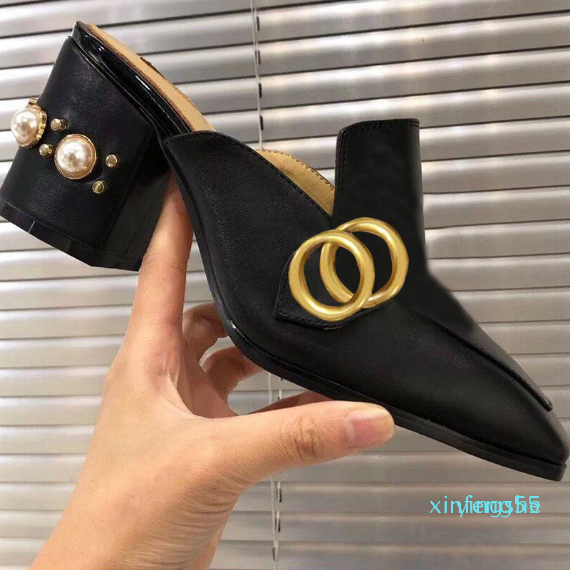 

Classic designer women slippers soft cowhide 100% leather Thick heels Metal woman shoe beach Lazy Baotou Sandals Pearl High heeled shoes Lar, Black heel 3cm