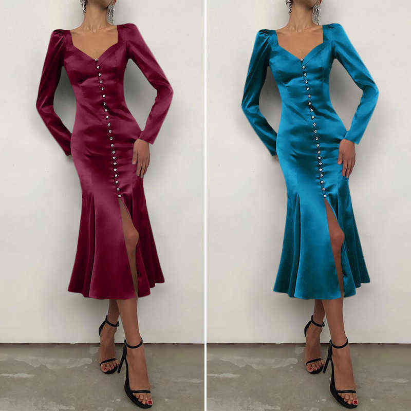 

Autumn Women's Midi Dress Celmia Fashion Satin Dress Celmia Sexy V Neck Long Sleeve Slit Hem Elegant Sundress Buttons Vestidos Y220401, Blue