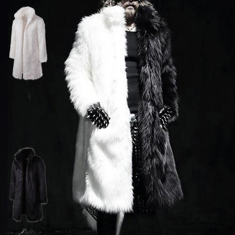 

Men's Fur & Faux Mens Fashion Winter Punk Rock Coat Hooded Long Jacket Black White Patchwork Overcoat Men CardiganMen's, Black and white