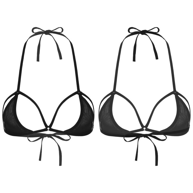 

Bras Women Sexy Lingerie Half Cup Bra Top Hollow Out See-through Mesh Unlined Halter Lace-up Sheer Bralette UnderwearBras, Black