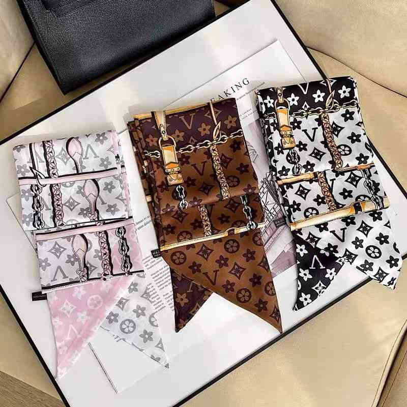 

Designer Silk Head Scarf Vintage Letter Edge Printing Versatile Scarf Hair Band Decoration Womens Long Small Silk Scarf Temperament Flutteri