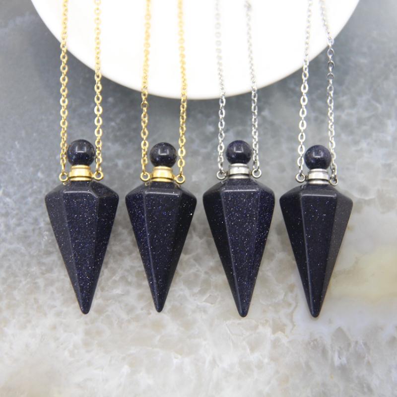 

Pendant Necklaces Blue Goldstone Faceted Point Pendulum Perfume Bottle Pendants,Blue With Sparkles Essential Oil Diffuser Vial Necklace Jewe