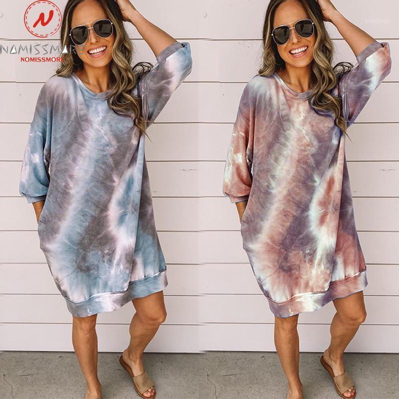 

Fashion Women Long Hoodies Pockets Decor O-Neck Three Quarter Sleeve Mid Waist Tie-dye Print Spring Autumn Casual Loose Top Women' & Sweats, Brown