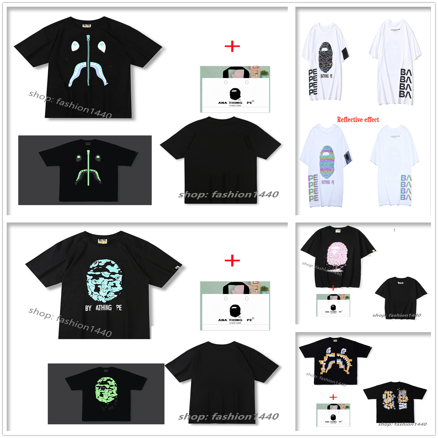 

apes Men t shirt shark head women short-sleeved T-shirt gradient camouflage luminous high quality printing Japanese tide brand couple cotton belt tote bag B06, 1 pcs button