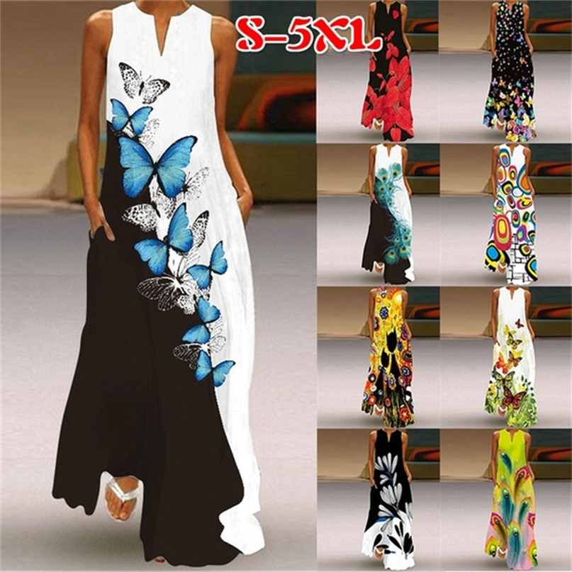 Été sans manches Maxi robes femmes Vintage fleurs imprimé bohème longue Robe femme élégant col en V plage Robe d'été 220521