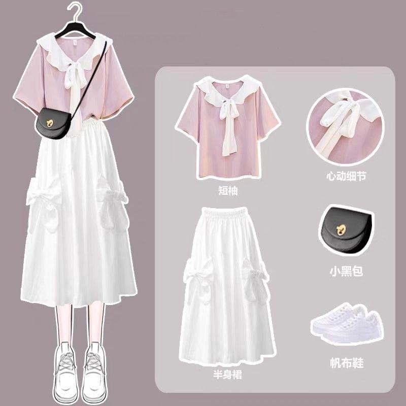 

Work Dresses Preppy Style Suit Skirt Female Student 2022 Summer Korean Loose Short-sleeved T-shirt + Lovely White Two-piece Pink Sets, Black shirt