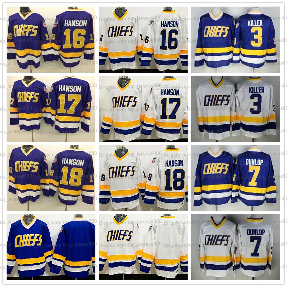 

Brothers Slap Shot Charlestown Chiefs Hockey Jersey 16 Jack 17 Steve 18 Jeff Hanson 7 Francine Dunlop 3 Killer Vintage Movie Stitched Blue White Jerseys, As shown