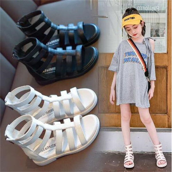

Fashion Girls Sandals High Gang Roman Shoes Retro 2022 Summer New Girl Open Toe Sandals Casual Flat Shoes British Children's Sandal, Black