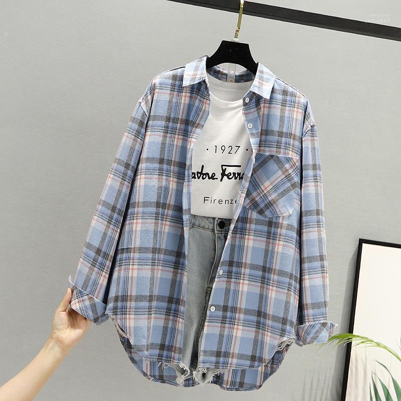 

Women' Blouses & Shirts Women Spring Long Sleeve Blouse Vintage Loose Female Plaid Casual Street Lady Korean Oversized Top Vere22, White