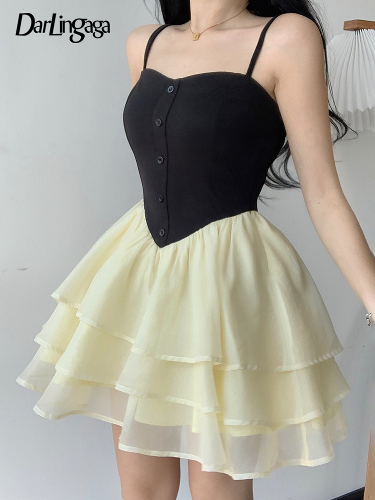 

Korean Fashion Strap Patchwork Summer Dress Female Sweet Corset Sundress Pleated Ball Gown Cupcake Dress Contrast New, Yellow
