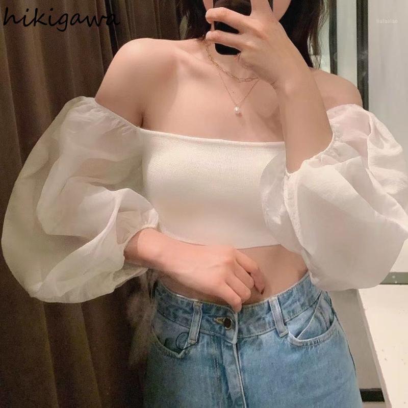 

Women' Blouses & Shirts Hikigawa Shirt 2022 Fashion Slash Neck Gauze Patchwork Knitted Woman Blouse Tops Solid Slim Elegant Pullover Blusas, White