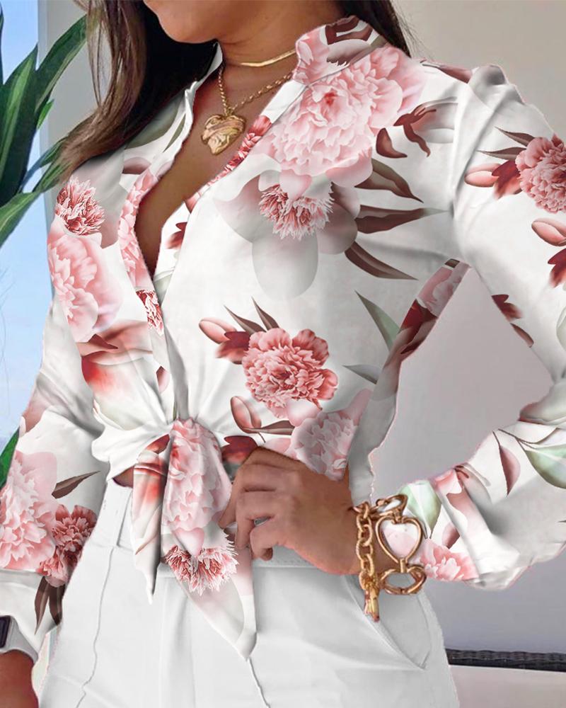 

Women' Blouses & Shirts Spring Summer Women V Neck Floral Print Long Sleeve Button Down Shirt Office Lady Casual Blouse Elegant Tops Womens, White