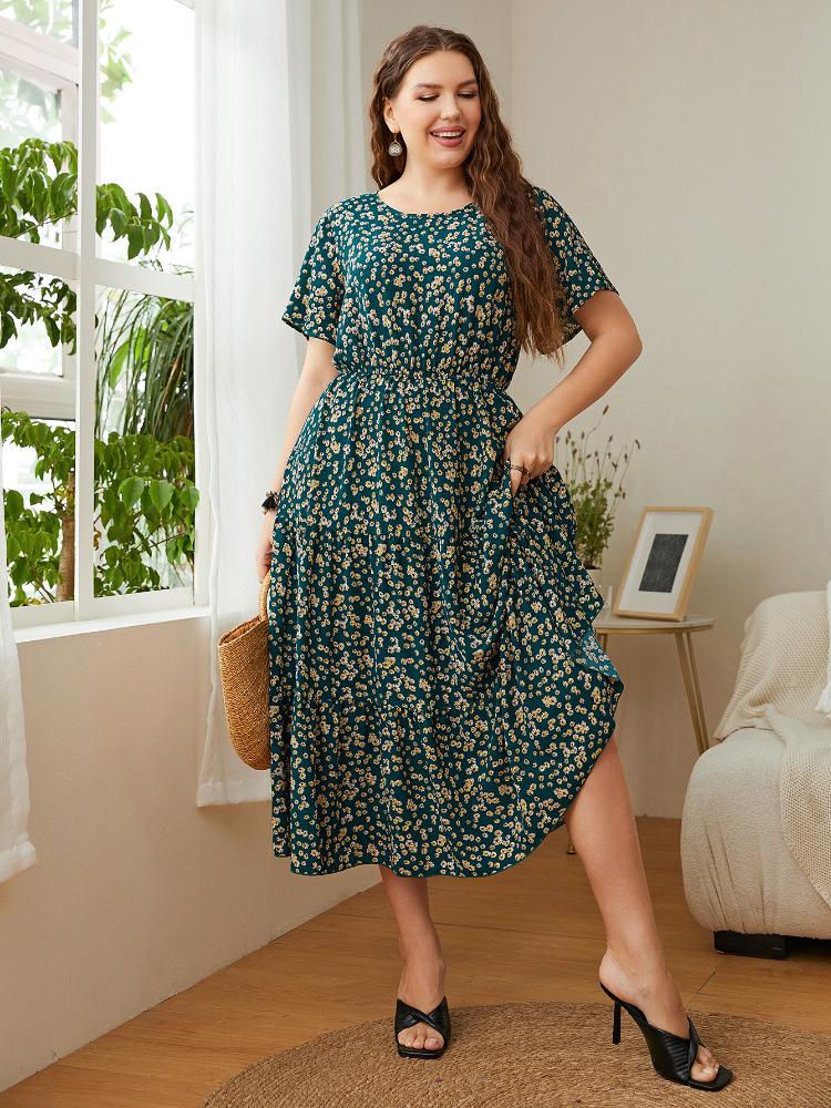 

Plus Size Dresses Women Green Sexy Pleated Short Sleeve Dress Summer Fashion Loose Pullover Floral High Waist Harajuku Party Long DressPlus
