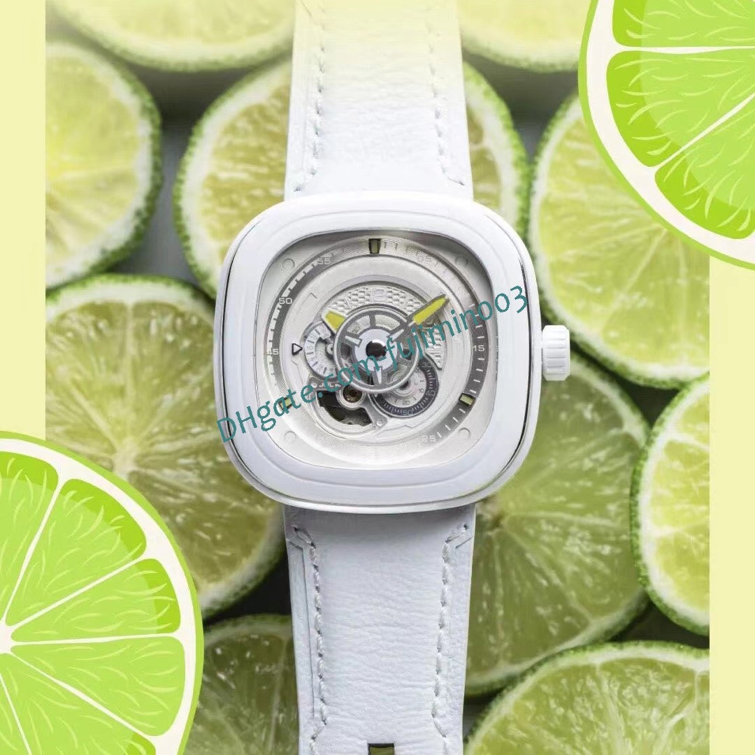 

white leather DAY5 Green Lemon Automatic Mechanical Men's Watch Luminous 46.7*47mm Miyota CAIPI P1C/04 10ATM, Rubber